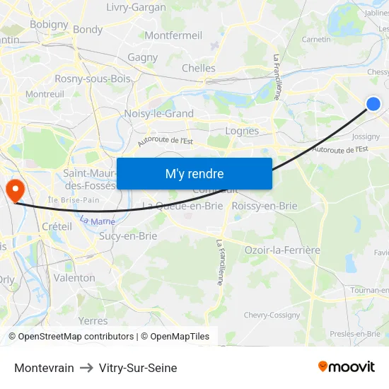 Montevrain to Vitry-Sur-Seine map