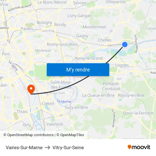 Vaires-Sur-Marne to Vitry-Sur-Seine map