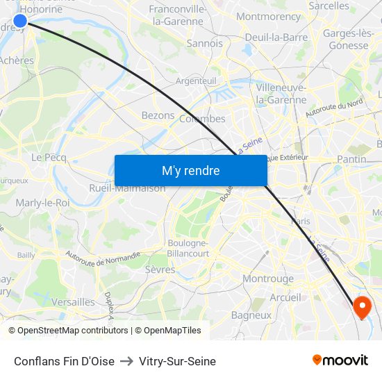 Conflans Fin D'Oise to Vitry-Sur-Seine map