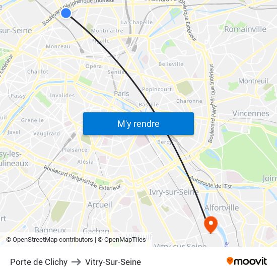 Porte de Clichy to Vitry-Sur-Seine map