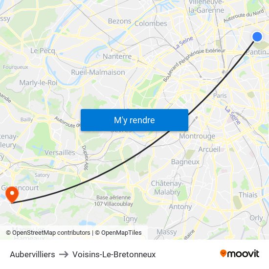 Aubervilliers to Voisins-Le-Bretonneux map