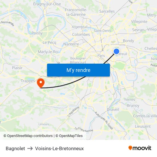 Bagnolet to Voisins-Le-Bretonneux map