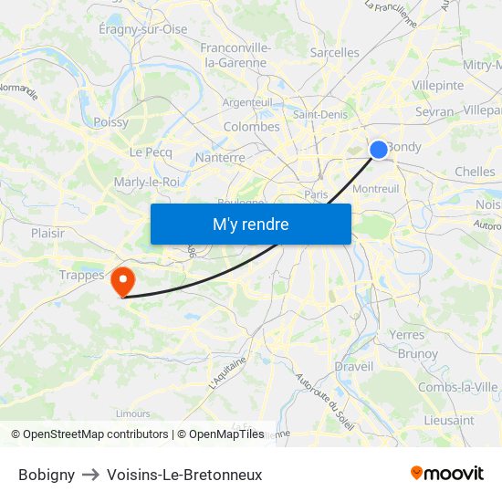 Bobigny to Voisins-Le-Bretonneux map