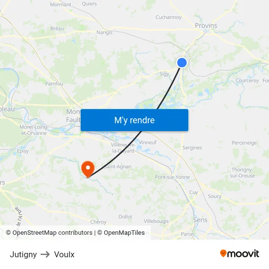 Jutigny to Voulx map