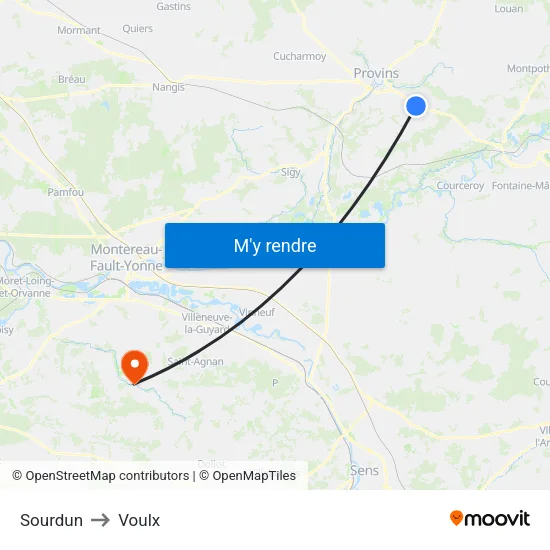 Sourdun to Voulx map