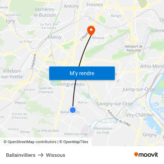 Ballainvilliers to Wissous map