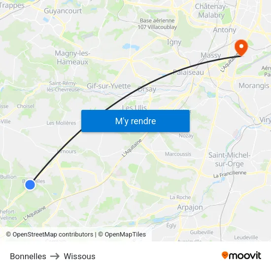 Bonnelles to Wissous map