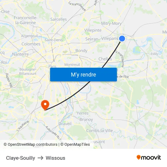 Claye-Souilly to Wissous map