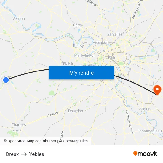 Dreux to Yebles map