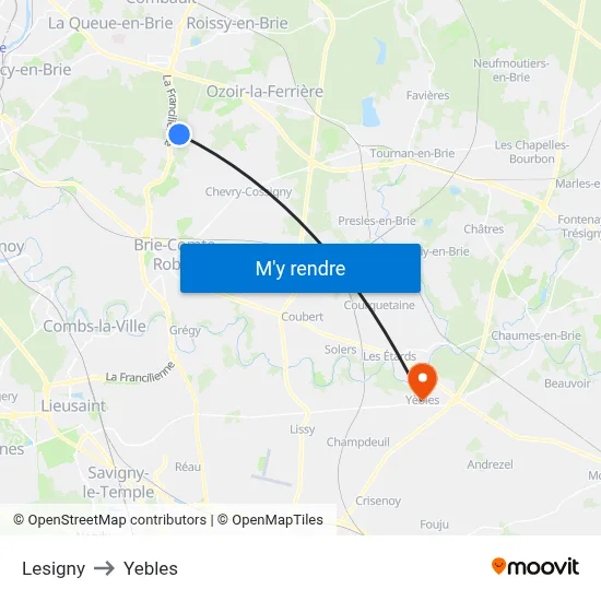 Lesigny to Yebles map