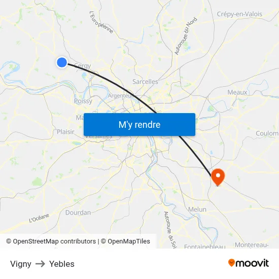 Vigny to Yebles map
