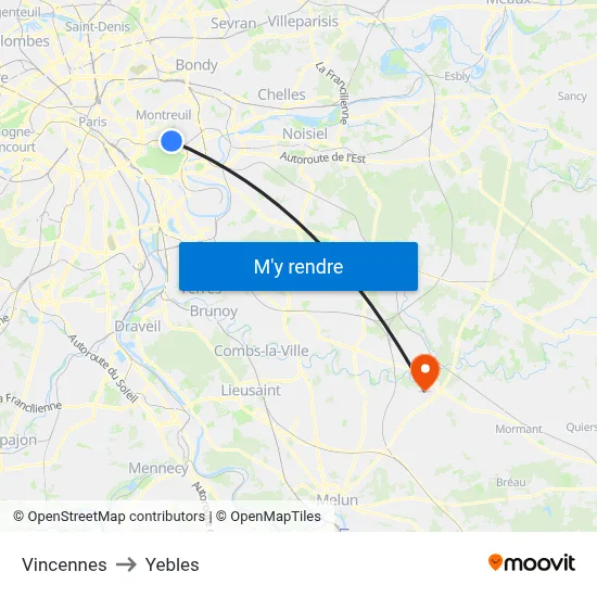 Vincennes to Yebles map