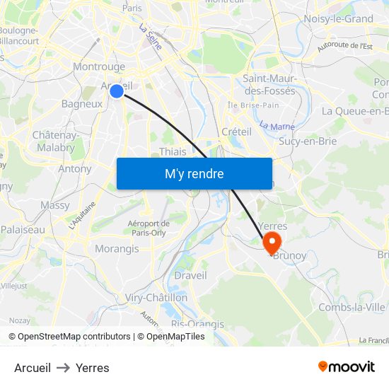 Arcueil to Yerres map