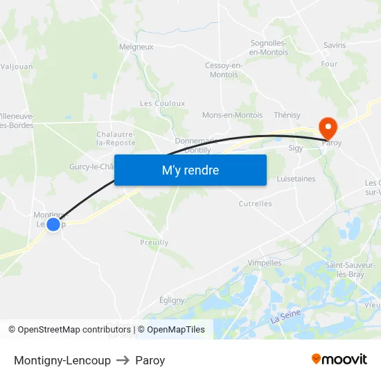 Montigny-Lencoup to Paroy map