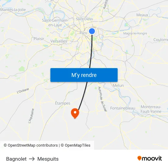 Bagnolet to Mespuits map
