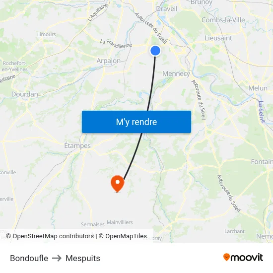 Bondoufle to Mespuits map