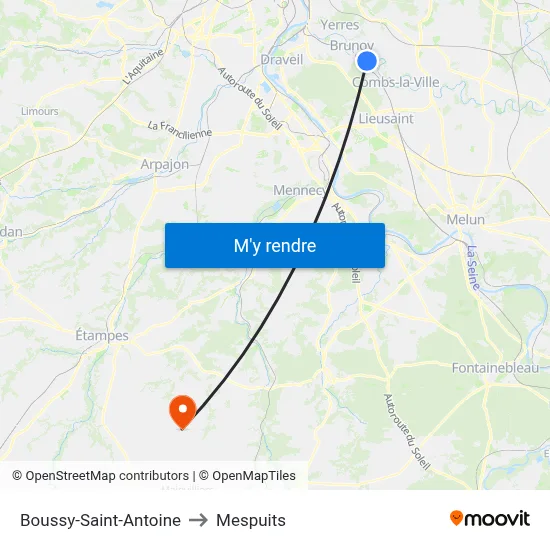 Boussy-Saint-Antoine to Mespuits map