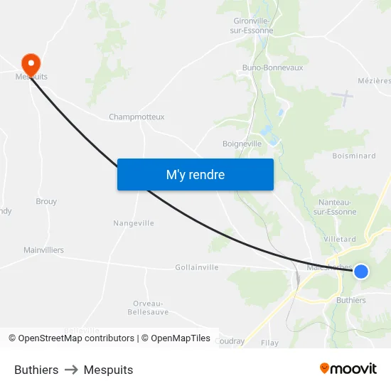 Buthiers to Mespuits map