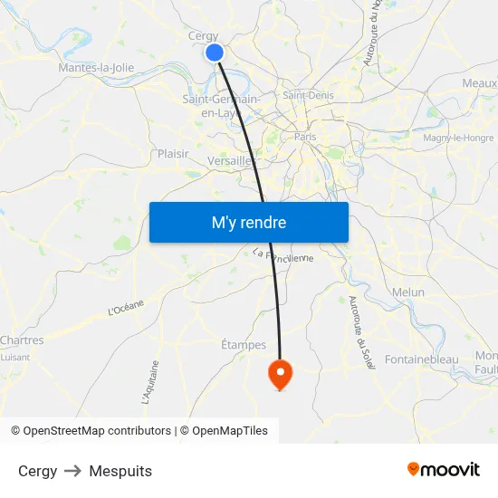 Cergy to Mespuits map