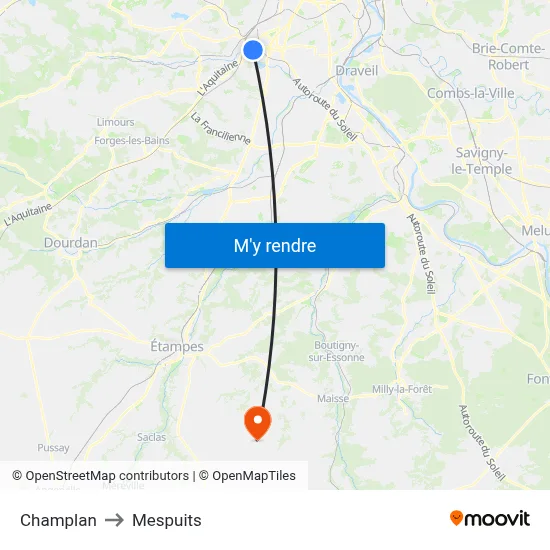 Champlan to Mespuits map