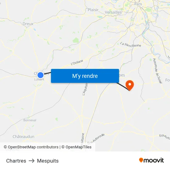 Chartres to Mespuits map
