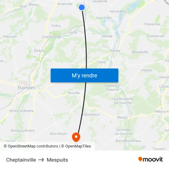 Cheptainville to Mespuits map