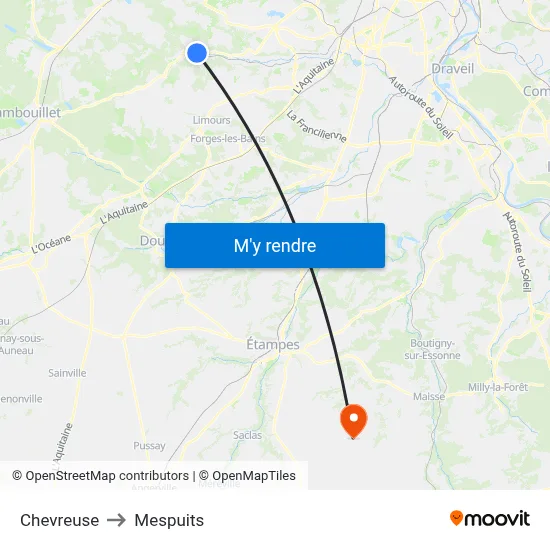 Chevreuse to Mespuits map
