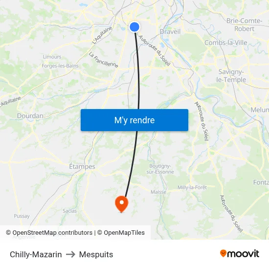 Chilly-Mazarin to Mespuits map