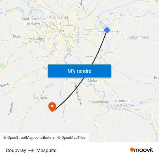 Coupvray to Mespuits map