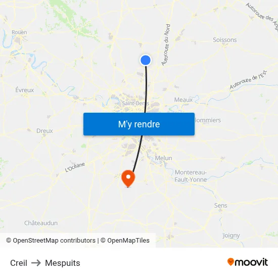 Creil to Mespuits map