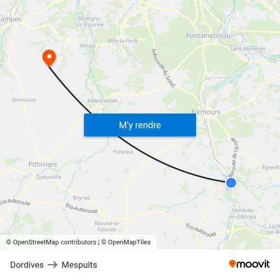 Dordives to Mespuits map