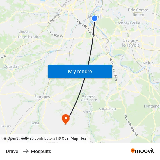 Draveil to Mespuits map