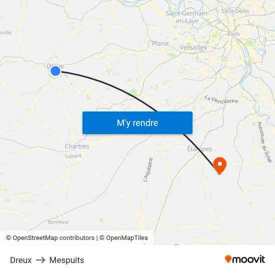Dreux to Mespuits map