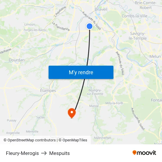 Fleury-Merogis to Mespuits map