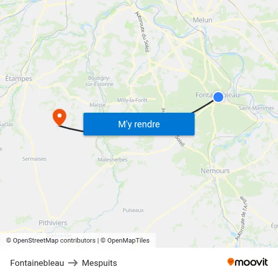 Fontainebleau to Mespuits map