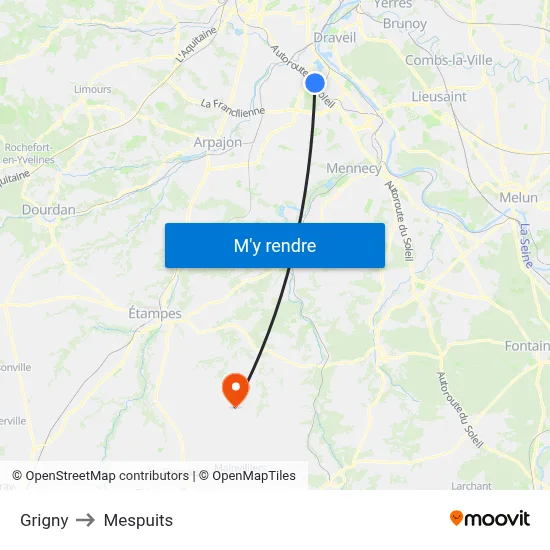 Grigny to Mespuits map