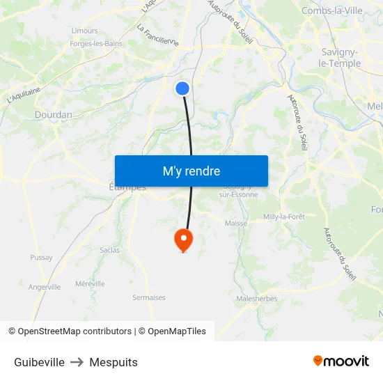 Guibeville to Mespuits map
