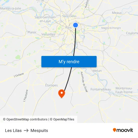 Les Lilas to Mespuits map
