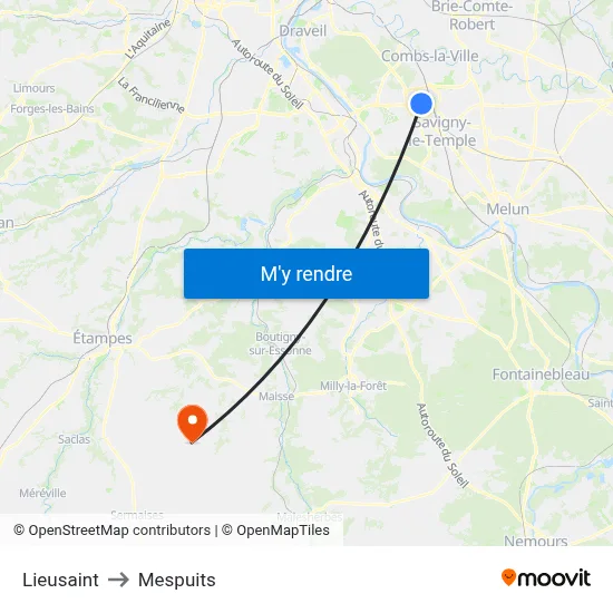 Lieusaint to Mespuits map