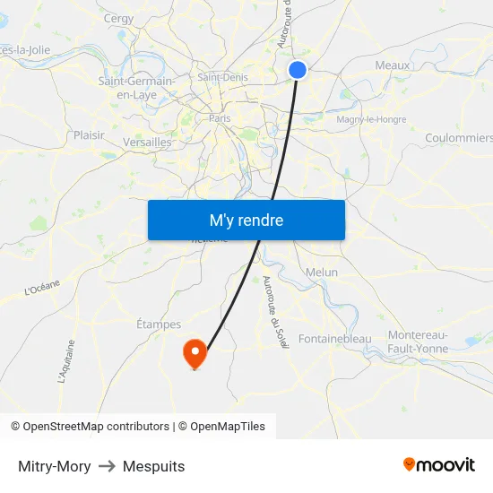 Mitry-Mory to Mespuits map