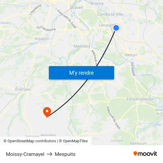 Moissy-Cramayel to Mespuits map