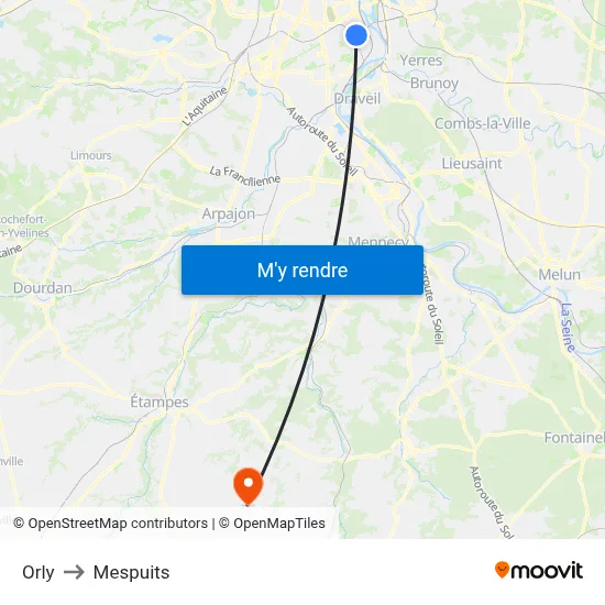 Orly to Mespuits map