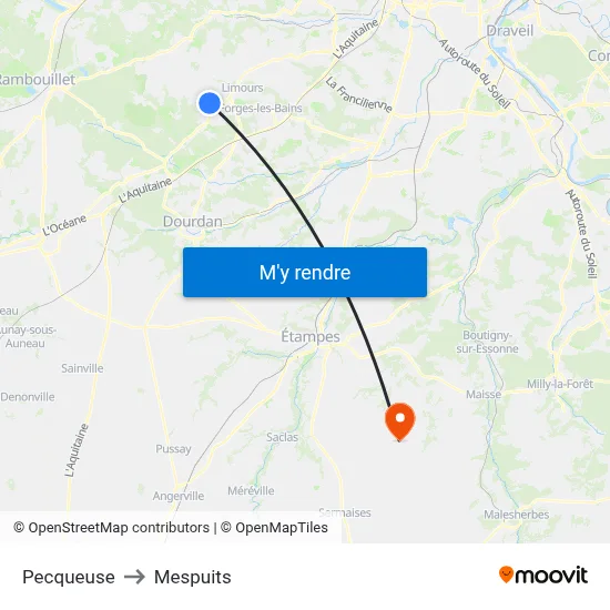 Pecqueuse to Mespuits map