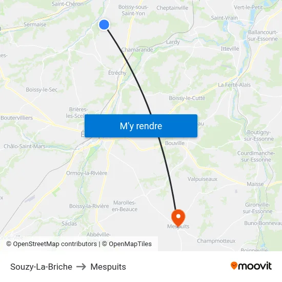 Souzy-La-Briche to Mespuits map