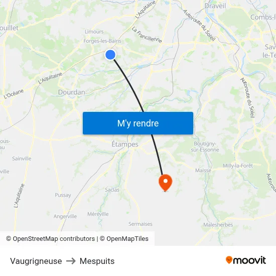 Vaugrigneuse to Mespuits map