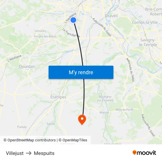 Villejust to Mespuits map