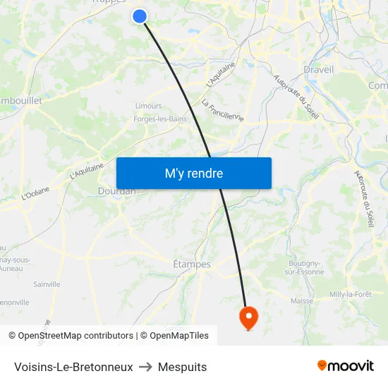 Voisins-Le-Bretonneux to Mespuits map
