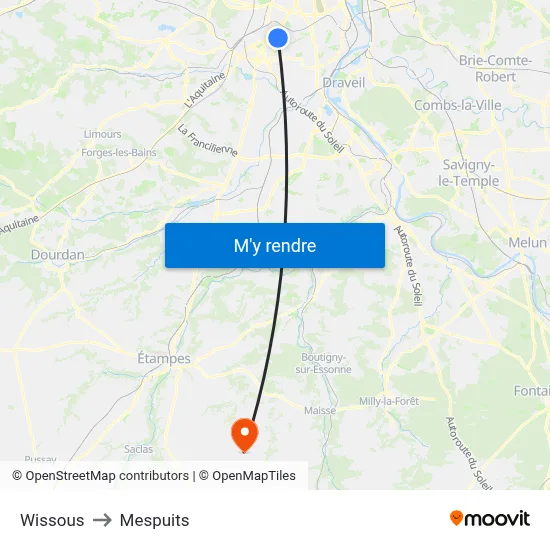 Wissous to Mespuits map