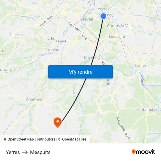 Yerres to Mespuits map