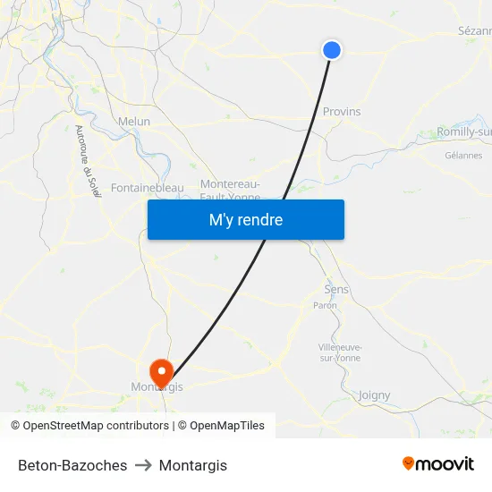 Beton-Bazoches to Montargis map